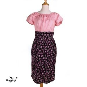Vintage Worthington Midi Skirt 14 Black Violet Pansy Print High Waist - Hey Viv